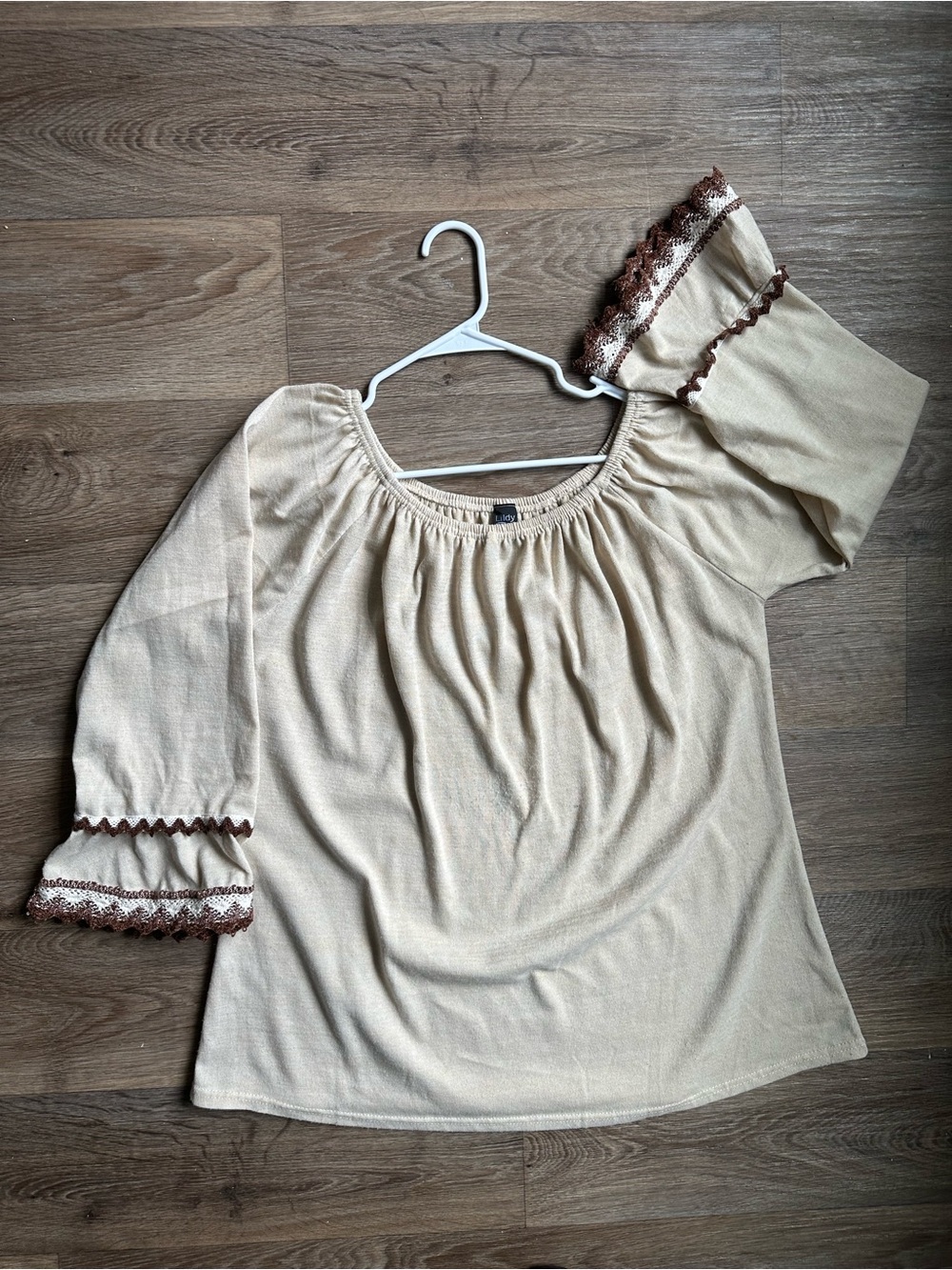 Lildy Boho Crochet Trim Peasant Blouse Beige Bell Sleeve Top Size L/XL